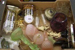 A mixed collection of items: art deco green glass candlestick, oriental figures, mantel clocks,