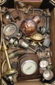 A mixed collection of items: barometer, light fittings and assorted metal ware (1 tray).
