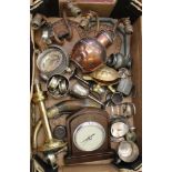 A mixed collection of items: barometer, light fittings and assorted metal ware (1 tray).