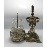 Incomplete Silver Plated Epergne: featuring mythical beasts & cherubs together with similar Cruet