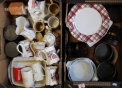 A mixed collection of items to include dinner plates: voice master mugs, storage jars, terracotta