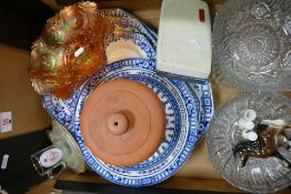 A mixed collection of items to include: blue & white decorated dinner ware, carnival glass bowl,