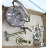 A mixed collection of items to include: heavy copper kettle, Victorian Sprung Brass Candlesticks