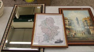 Vintage beveled edge mirror with tiled frame 84cm x 53cm: together with a modern map of
