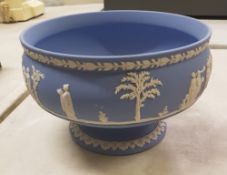 Wedgwood blue jasper ware footed bowl with classical scenes in bas relief.