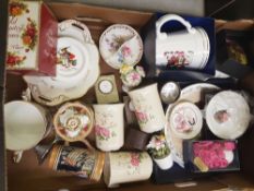 A mixed collection of items to include: Royal Albert Old Country Rose Boxed lidded pot, Modern