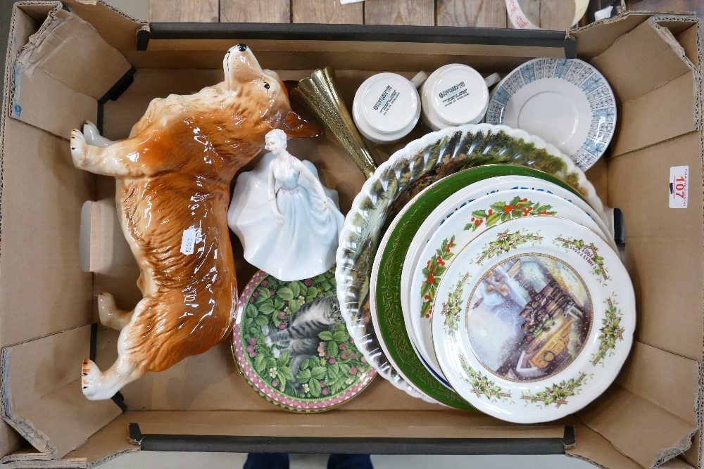 A mixed collection of items to include: Melba Ware large Corgi figure, damaged Royal Doulton lady