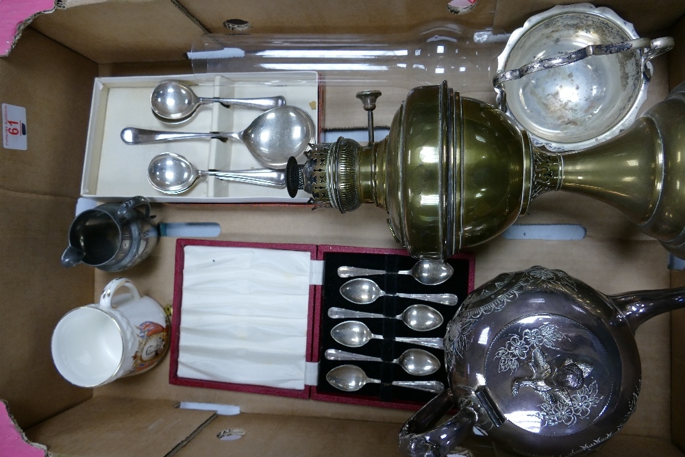 A mixed collection of items to include: Silver plated spoon sets, similar tea pot, commemorative cup