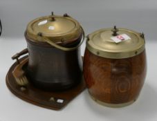 Two Oak Shielded Biscuit Barrels : together with similar crumb tray & brush