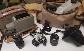 Olympus vintage camera equipment: Olympus OM10 cased camera, 2 x Olympus lenses, flash unit etc,