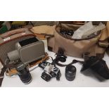 Olympus vintage camera equipment: Olympus OM10 cased camera, 2 x Olympus lenses, flash unit etc,