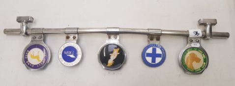 A vintage car badge bar: with badges including RSPB, Great Dane Club etc.