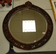 Large Dark Wood Circular Wall Mirror: diameter 84cm, (splits noted)