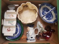 A mixed collection of ceramic items: Wedgwood blue and white basket, Sylvac planter, Nao geese