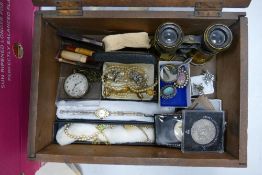 A mixed collection of items to include: Costume jewelry , miniature silver mirror, pocket watch,