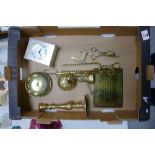 A mixed collection of items to include: brass sash bell, candlestick, miniature coal tongs etc