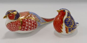 Royal Crown Derby Paperweights: Pheasant (no stopper) & Robin (gold stopper)(2)
