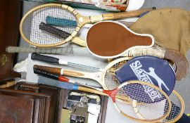 A Collection of Vintage Rackets, Hockey Sticks & similar items: