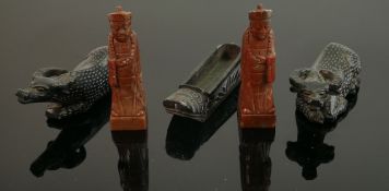 Five old carved stone Chinese figures: Two priest type figures, 2 water buffalo (80mm long) &