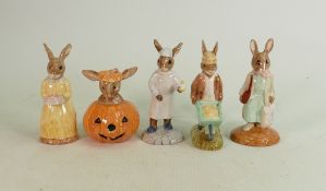 Five Royal Doulton Bunnykins figures: Includes DB137 60th Anniversary, DB132 Halloween, DB270 Wee