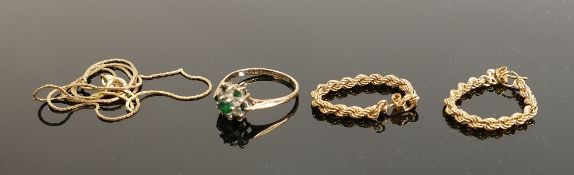 Gold 9ct jewellery including ring earrings and chain: Gross weight 5.3g. Ring with green & white