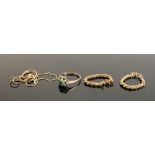 Gold 9ct jewellery including ring earrings and chain: Gross weight 5.3g. Ring with green & white