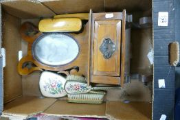 A mixed collection of items to include: Mahogany Key Keep, Dressing table brushes etc
