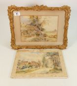 Pair of watercolours rural cottage scenes signed AH one unframed: Measuring 19cm x 25cm excluding