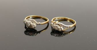 Two x 18ct gold and platinum set 3 stone diamond rings: Gross weight 4.7g, both about ring size M (