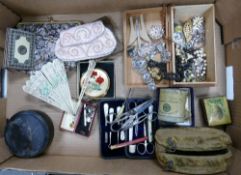 A mixed collection of items to include: costume jewelry, sewing sets, lacquered boxes, bead work