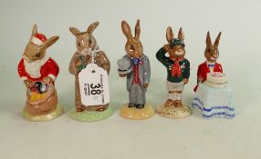 Five Royal Doulton Bunnykins figures: Includes DB246 Friar Tuck, DB21 Happy Birthday, DB17 Santa,