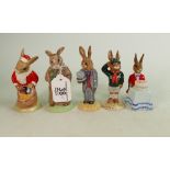 Five Royal Doulton Bunnykins figures: Includes DB246 Friar Tuck, DB21 Happy Birthday, DB17 Santa,