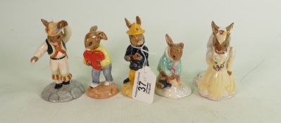 Five Royal Doulton Bunnykins figures: Includes DB75 Fireman, DB153 Girl Skater, DB101 Bride, DB204