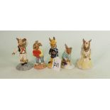 Five Royal Doulton Bunnykins figures: Includes DB75 Fireman, DB153 Girl Skater, DB101 Bride, DB204