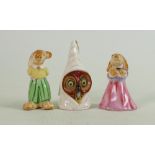 Royal Worcester Owl candlesnuffer: puce marks and two unmarked rabbit figures. (3)