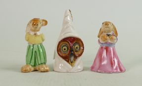 Royal Worcester Owl candlesnuffer: puce marks and two unmarked rabbit figures. (3)