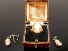 15ct gold cameo ring:size G,6g and unmarked pair of cameo earrings. (3)