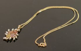 9ct gold floral gem set pendant and necklace: 6.6g.