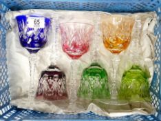 Six large size cut glass coloured overlay hock wine glasses: