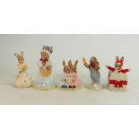 Five Royal Doulton Bunnykins figures: DB19 At The Easter Parade, DB173 Bridesmaid, DB9 Storeytime,