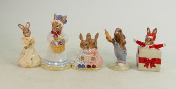 Five Royal Doulton Bunnykins figures: DB19 At The Easter Parade, DB173 Bridesmaid, DB9 Storeytime,
