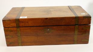 Large Victorian walnut & brass bound writing box: With antique brass & glass inkwells, and having