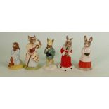 Five Royal Doulton Bunnykins figures: Includes DB228 Bo Peep, DB152 Boy Skater, DB188 Judge, DB223