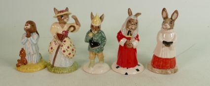 Five Royal Doulton Bunnykins figures: Includes DB228 Bo Peep, DB152 Boy Skater, DB188 Judge, DB223