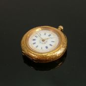 18 ct gold cased ladies pocket watch: Not working, no key, and bow (suspension ring) missing. 36mm
