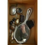 A collection of Silverware: comprising silver vanity mirror, Silver salt, plated leather sovereign