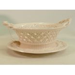 Leeds creamware pottery reticulated basket and matching base; 19.5 cm wide. Appears in good