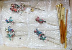7 x Chinese miniature puppets on sticks: Pottery or composite hand painted with movable parts. Minor