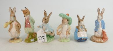Six Royal Albert Beatrix Potter Figures: Mrs Rabbit & Bunnies, Peter Rabbit, Foxy Whiskered