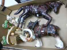 A mixed collection of item to include: leather horse figure, ceramic shire horse, Naturecraft